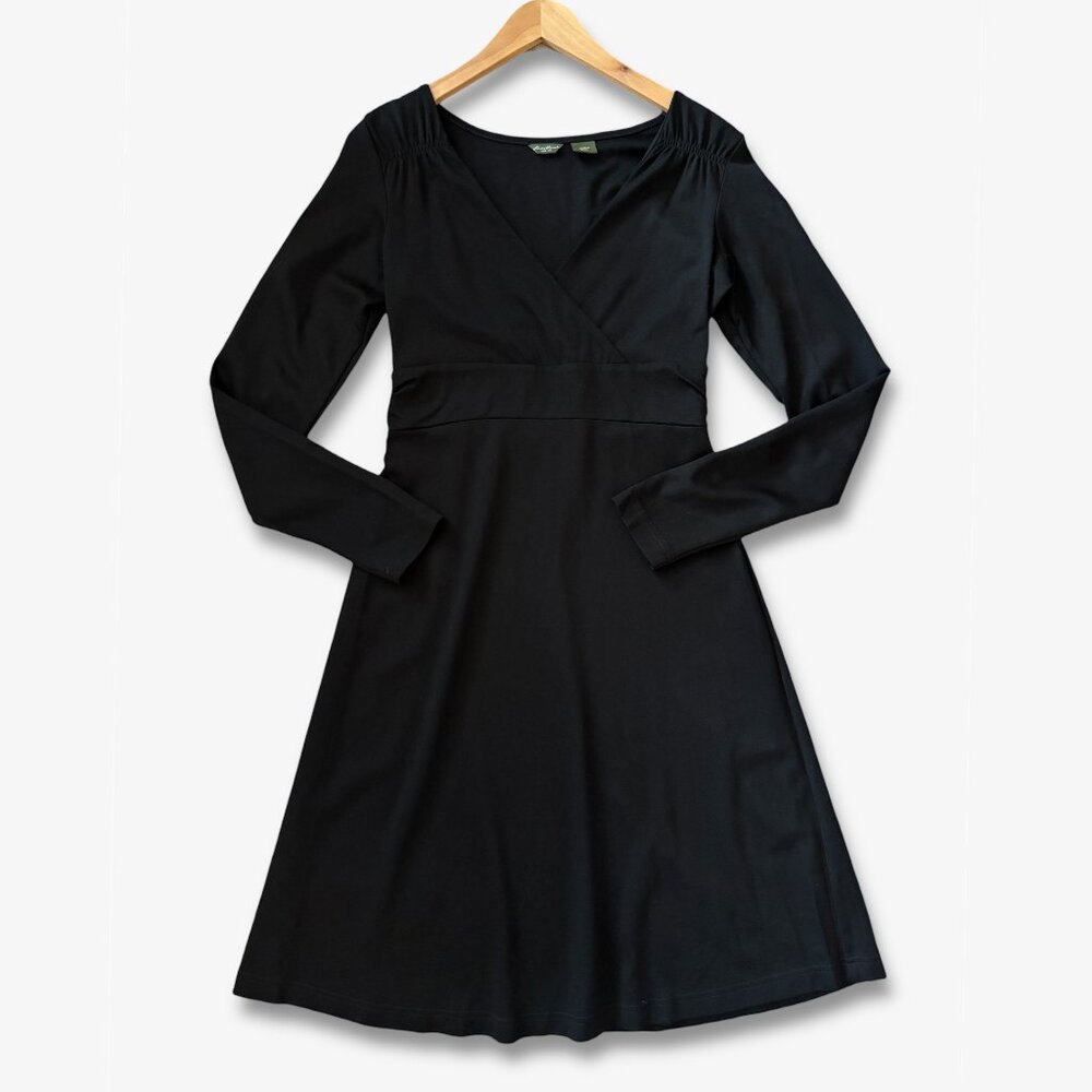 Eddie Bauer Faux Wrap Long Sleeve Black Dress Womens Size Small Travel Comfycore
